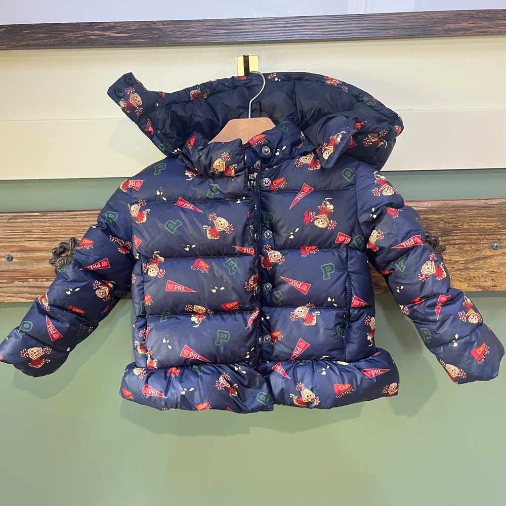 Polo Ralph Lauren Kids Navy Cheerleader Bear Hooded Down Puffer Jacket 24M